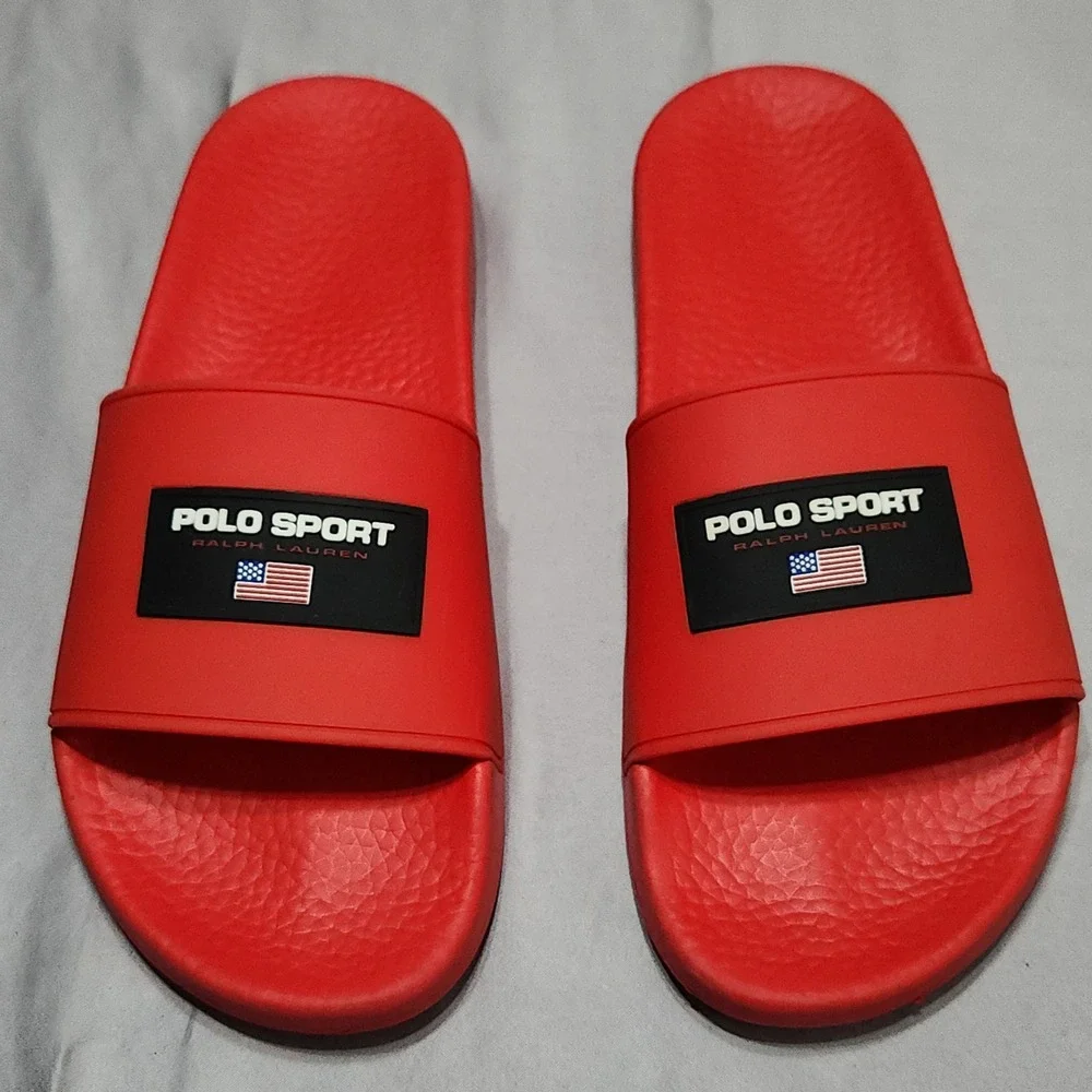 Polo Sport Ralph Lauren Mens Red Slide Sandals Logo American Flag Slides